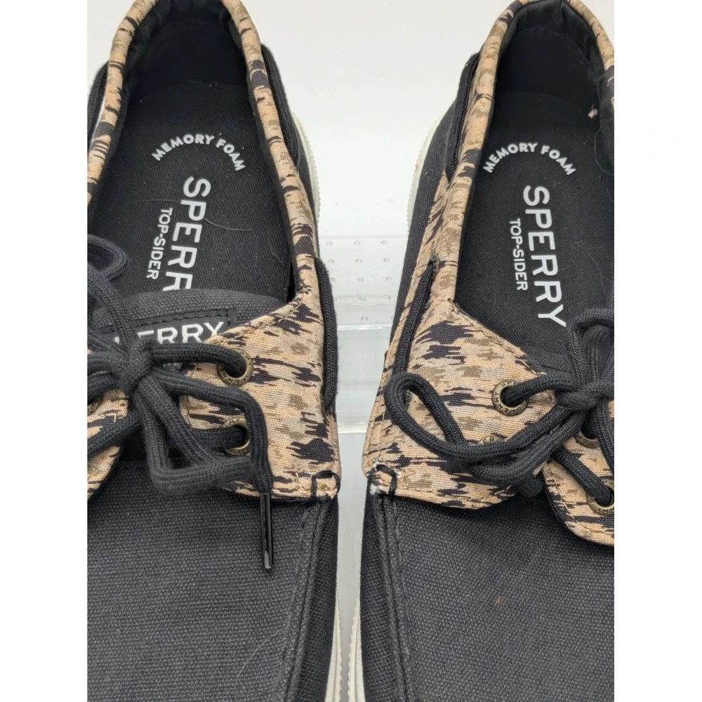 Sperry Top-Sider Men 10 Black Boat Shoes Tan Print Memory Foam STS24401 NWOB